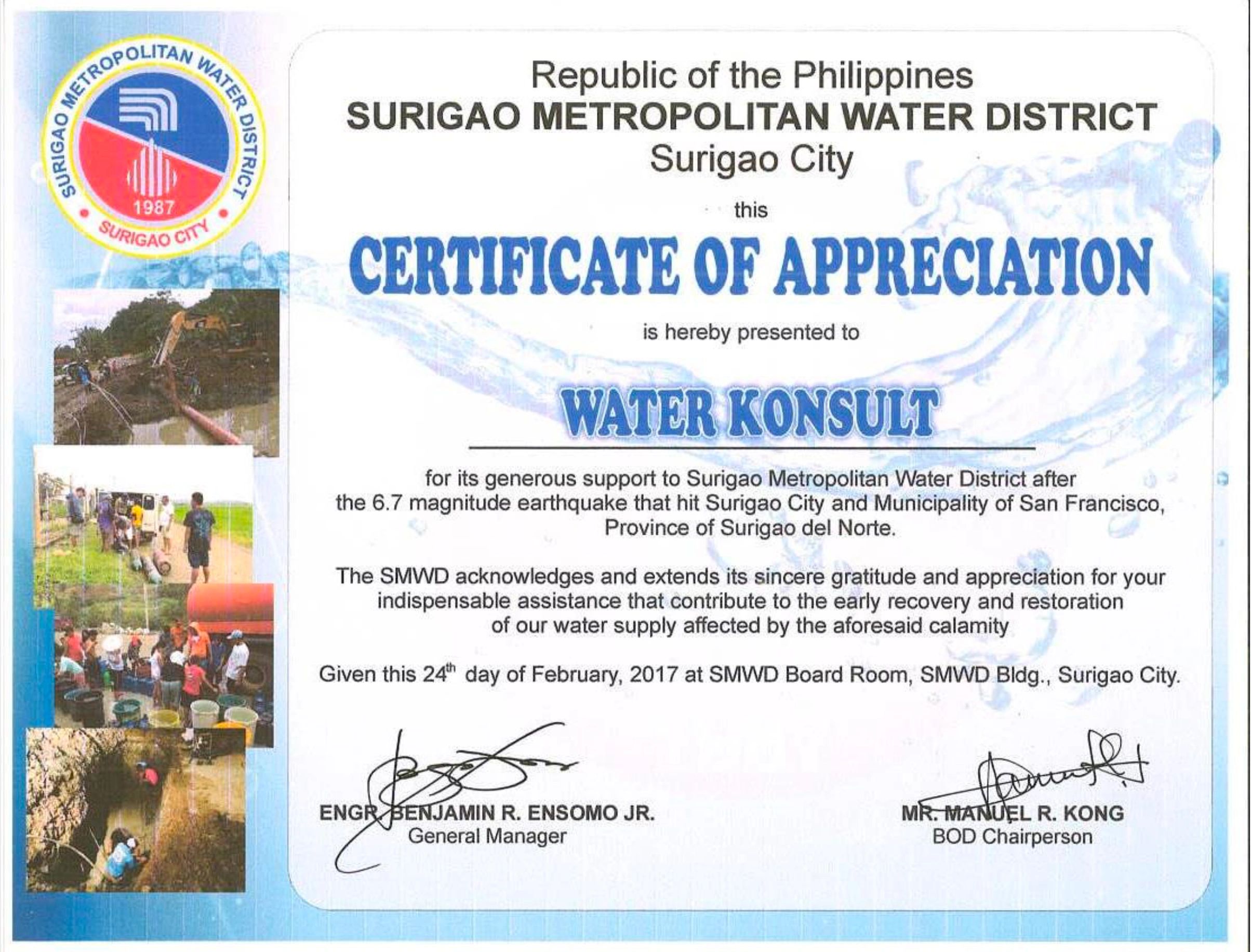 WaterKonsult awarded with Certificate by Surigao Water District